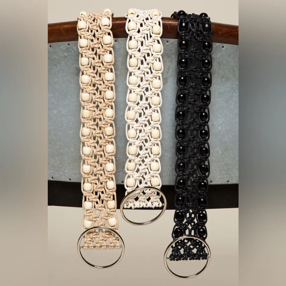 New! Belt13 Cream Leatherette belt with beads - Picture 2 of 11